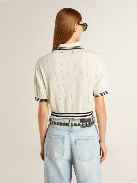 T-Shirts & Tops White Women's Cropped Worn-White Cotton Polo Shirt With Blue Ribbing Women Golden Goose - Image 5