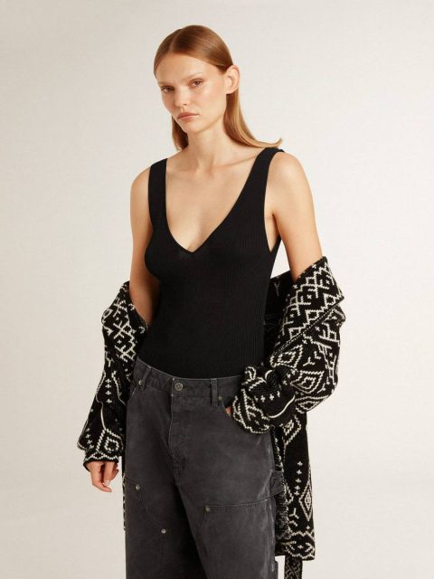 T-Shirts & Tops Women Women's Black V-Neck Bodysuit Black Golden Goose - Image 2