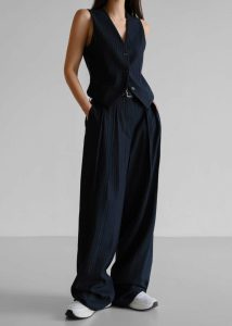 Tansy Pleated Trousers - Navy Pinstripe Blue Bottoms Women The Frankie Shop