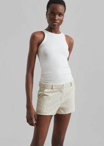 The Frankie Shop Bottoms Women Kate Twill Mini Shorts - Light Beige/Black Pinstripe Beige - Image 4