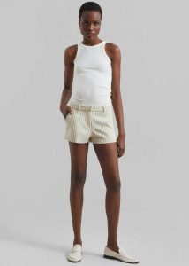 The Frankie Shop Bottoms Women Kate Twill Mini Shorts - Light Beige/Black Pinstripe Beige - Image 5