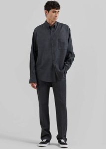 The Frankie Shop Mason Wool Flannel Button Up Shirt - Charcoal Tops Black Men