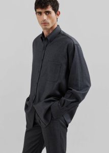 The Frankie Shop Mason Wool Flannel Button Up Shirt - Charcoal Tops Black Men - Image 3