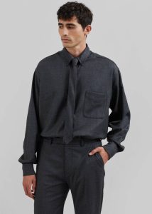 The Frankie Shop Mason Wool Flannel Button Up Shirt - Charcoal Tops Black Men - Image 5