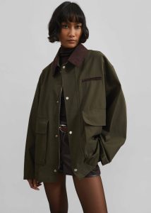 The Frankie Shop Norven Contrast Collar Utility Jacket - Khaki Green Outerwear Women