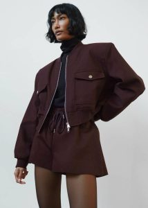 The Frankie Shop Outerwear Red Pomona Crop Bomber Jacket - Burgundy Women