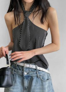 The Frankie Shop Tops Women Sophie Tie Halter Top - Black/White Stripe Black - Image 2