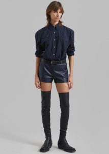 The Frankie Shop Women Blue Tops Jeanne Padded Shirt - Navy/White Stripe - Image 2