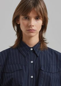 The Frankie Shop Women Blue Tops Jeanne Padded Shirt - Navy/White Stripe - Image 4