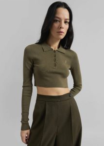 The Frankie Shop Women Giselle Cropped Knit Polo - Khaki Green Knitwear - Image 3