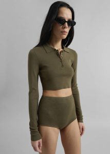 The Frankie Shop Women Giselle Cropped Knit Polo - Khaki Green Knitwear - Image 5