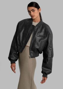 The Frankie Shop Women Outerwear Grey Gae Faux Leather Cropped Bomber - Charcoal - Image 3