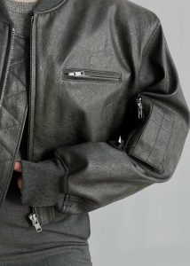 The Frankie Shop Women Outerwear Grey Gae Faux Leather Cropped Bomber - Charcoal - Image 5