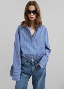 Tops Blue Anvers Striped Cotton Button Up Shirt - Blue/White Stripe Women The Frankie Shop