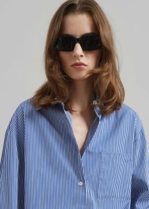 Tops Blue Anvers Striped Cotton Button Up Shirt - Blue/White Stripe Women The Frankie Shop - Image 3