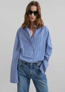 Tops Blue Anvers Striped Cotton Button Up Shirt - Blue/White Stripe Women The Frankie Shop - Image 5