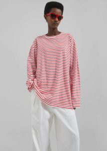 Tops Salome Long Sleeve Tee - White/Red Stripe Women The Frankie Shop Red