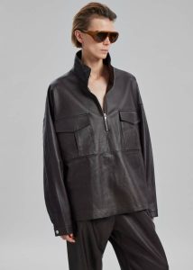 Tops The Frankie Shop Kevin Leather Half Zip Shirt - Brown Brown Men