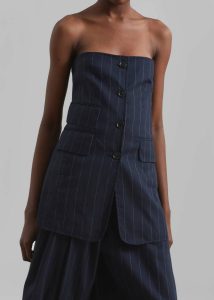 Tops Women Sunny Strapless Vest - Navy/Beige Pinstripe The Frankie Shop Blue - Image 3