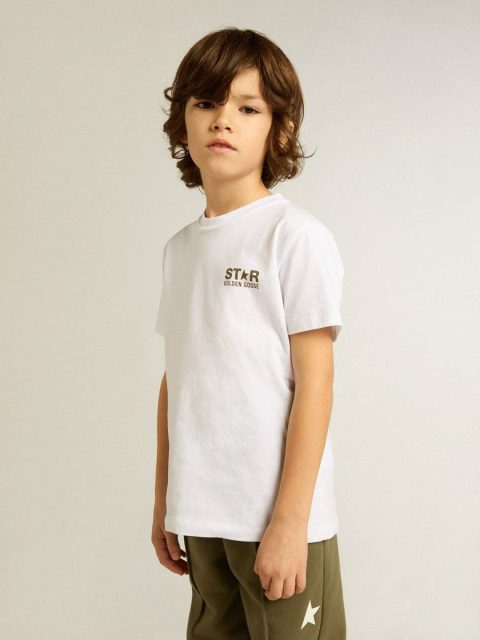 Topwear Selection (4-12 Years) Golden Goose Boys' White T-Shirt With Contrasting Dark Green Logo And Star White Kids - Image 3