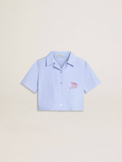Topwear Selection (4-12 Years) Golden Goose Light Blue Girls' Cropped Shirt In Striped Light Blue Cotton Kids