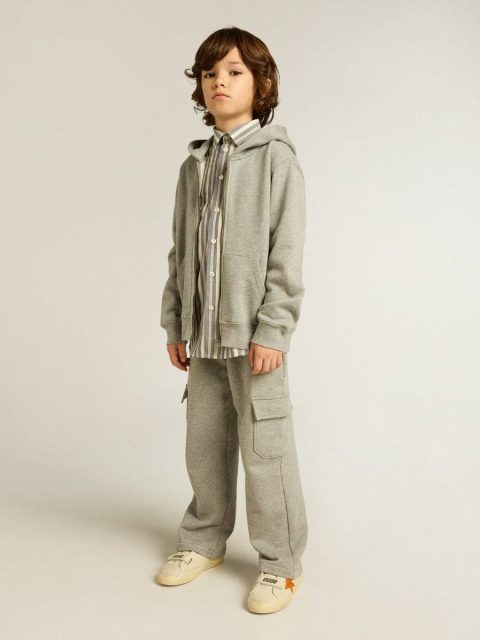 Topwear Selection (4-12 Years) Gray Melange Kids Gray Melange Hooded Sweatshirt With Print On The Back Golden Goose - Image 3