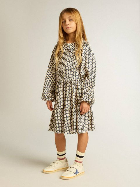 Topwear Selection (4-12 Years) Kids Beige With Blue Diamonds And Black Details Golden Goose Girls' Dress With Geometric Print And Removable Collar - Image 2
