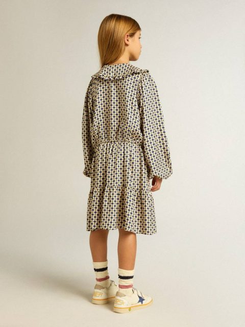 Topwear Selection (4-12 Years) Kids Beige With Blue Diamonds And Black Details Golden Goose Girls' Dress With Geometric Print And Removable Collar - Image 4