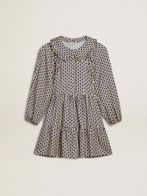 Topwear Selection (4-12 Years) Kids Beige With Blue Diamonds And Black Details Golden Goose Girls' Dress With Geometric Print And Removable Collar