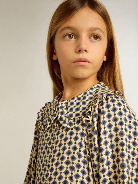 Topwear Selection (4-12 Years) Kids Beige With Blue Diamonds And Black Details Golden Goose Girls' Dress With Geometric Print And Removable Collar - Image 5