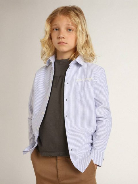 Topwear Selection (4-12 Years) Kids White And Light Blue Boys’ Shirt With Light Blue Stripes Golden Goose - Image 3