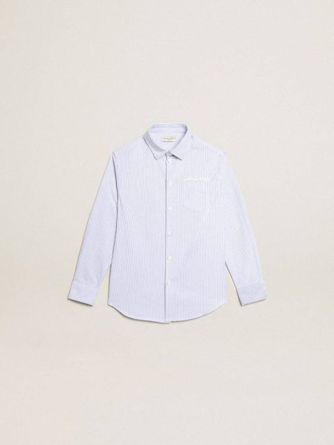 Topwear Selection (4-12 Years) Kids White And Light Blue Boys’ Shirt With Light Blue Stripes Golden Goose
