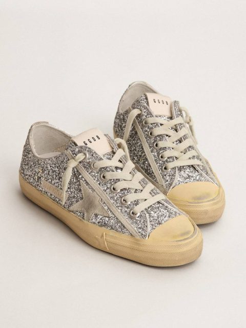 V-Star Golden Goose Women Women's V-Star Ltd In Silver Glitter With Ice-Gray Suede Star - Image 2