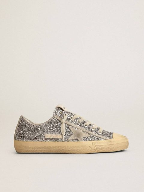 V-Star Golden Goose Women Women's V-Star Ltd In Silver Glitter With Ice-Gray Suede Star