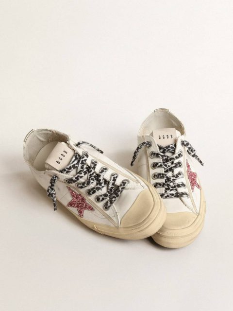 V-Star With Pink Glitter Star And Metallic Leather Heel Tab Women Golden Goose White V-Star - Image 2