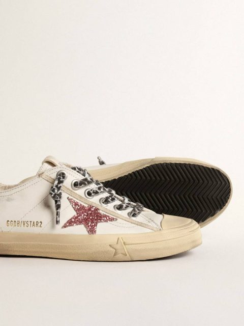 V-Star With Pink Glitter Star And Metallic Leather Heel Tab Women Golden Goose White V-Star - Image 4