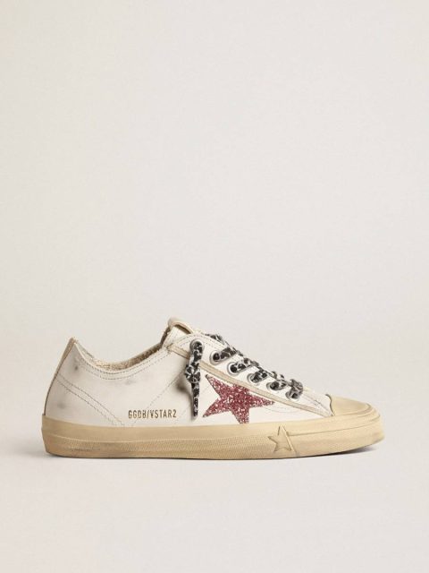 V-Star With Pink Glitter Star And Metallic Leather Heel Tab Women Golden Goose White V-Star