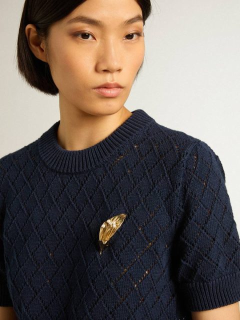 Vintage White Women Golden Goose Open-Weave Knit With Midnight Blue Argyle Pattern Knitwear - Image 2