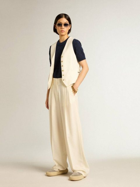 Vintage White Women Golden Goose Open-Weave Knit With Midnight Blue Argyle Pattern Knitwear - Image 3