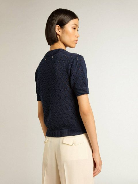 Vintage White Women Golden Goose Open-Weave Knit With Midnight Blue Argyle Pattern Knitwear - Image 4