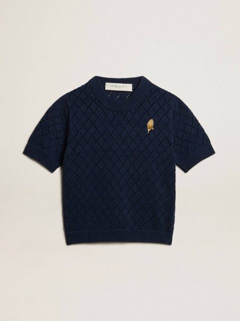 Vintage White Women Golden Goose Open-Weave Knit With Midnight Blue Argyle Pattern Knitwear