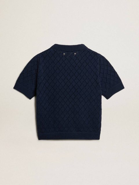 Vintage White Women Golden Goose Open-Weave Knit With Midnight Blue Argyle Pattern Knitwear - Image 5
