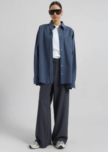 Volda Asymmetric Button-Up Shirt - Navy The Frankie Shop Women Blue Tops - Image 2