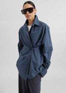 Volda Asymmetric Button-Up Shirt - Navy The Frankie Shop Women Blue Tops