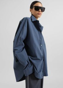 Volda Asymmetric Button-Up Shirt - Navy The Frankie Shop Women Blue Tops - Image 3