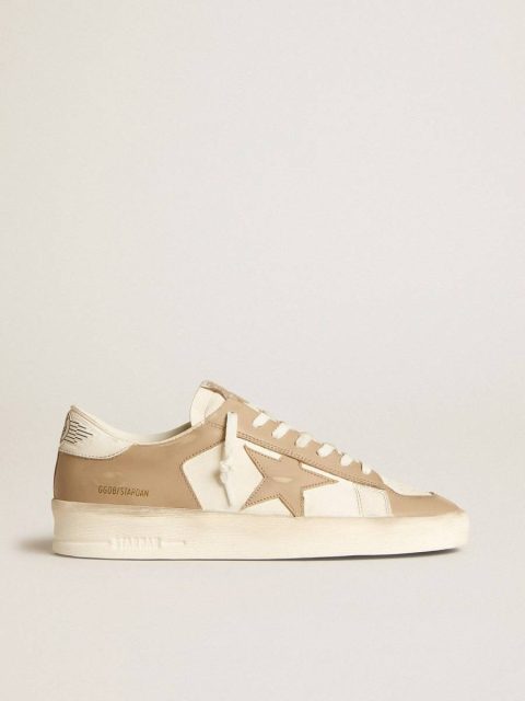 White And Beige Stardan Men Golden Goose Men's Stardan In White And Beige Leather With Beige Star And White Heel Tab