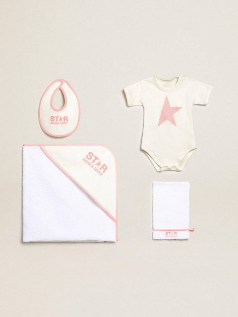 White And Milk White Newborns Golden Goose Kids Gift Set In White With Pink Trim And Logo