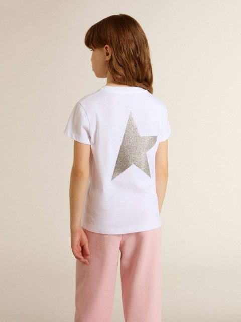White And Silver T-Shirt With Logo And Maxi Star In Silver Glitter White Topwear Selection (4-12 Years) Kids Golden Goose - Image 5