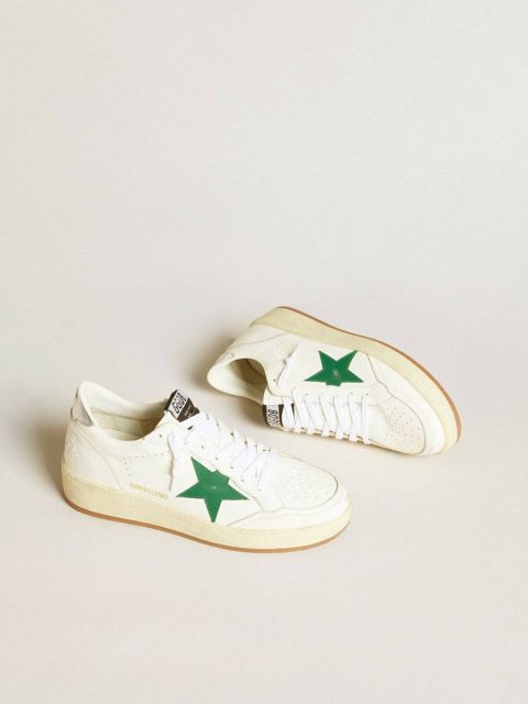 White Golden Goose Ball Star Men's Ball Star With Green Leather Star And Metallic Leather Heel Tab Men - Image 2
