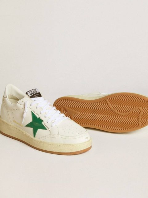 White Golden Goose Ball Star Men's Ball Star With Green Leather Star And Metallic Leather Heel Tab Men - Image 3